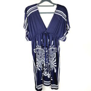 CristinaLove | Size Large Blue and White Butterfly Deep V Neck Stretchy Blouse